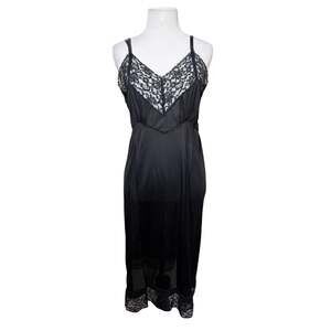 Vintage 80s 90s Black Sheer Lace Maxi Slip Dress Nightgown Whimsigoth Goth